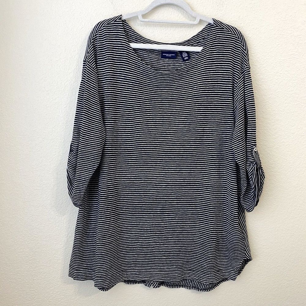 Adrienne Vittadini Shirt Womens Size 2X 100% Linen Stripes Scoop Neck